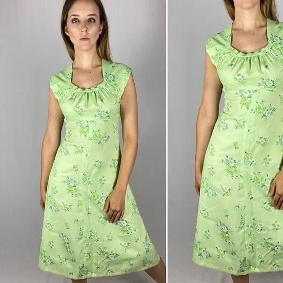 Vintage 70s 60s mint green floral short summer dress capped sleeves open back - Picture 3 of 8